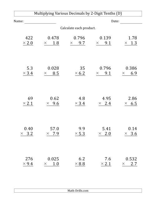 The Multiplying Various Decimals by 2-Digit Tenths (D) Math Worksheet