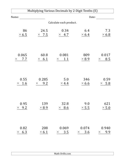 The Multiplying Various Decimals by 2-Digit Tenths (E) Math Worksheet