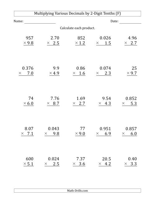 The Multiplying Various Decimals by 2-Digit Tenths (F) Math Worksheet