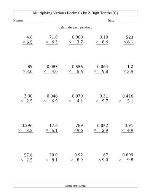 The Multiplying Various Decimals by 2-Digit Tenths (G) Math Worksheet