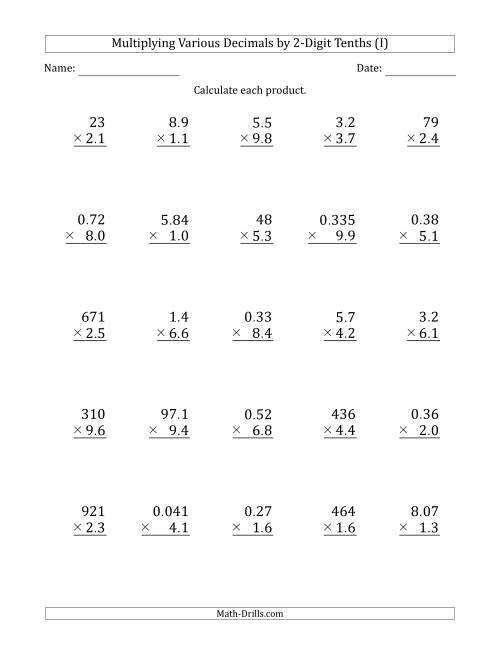 The Multiplying Various Decimals by 2-Digit Tenths (I) Math Worksheet
