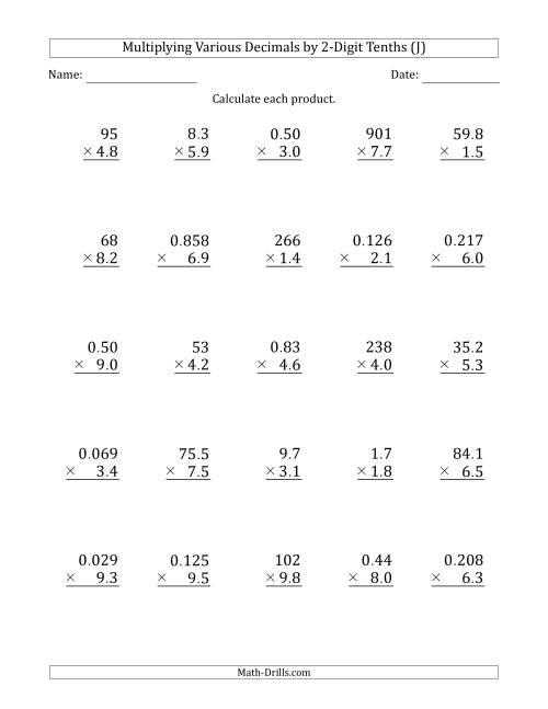 The Multiplying Various Decimals by 2-Digit Tenths (J) Math Worksheet