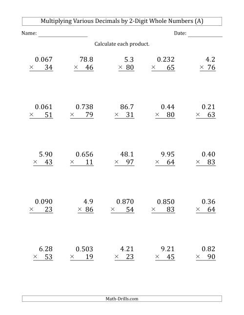 The Multiplying Various Decimals by 2-Digit Whole Numbers (A) Math Worksheet