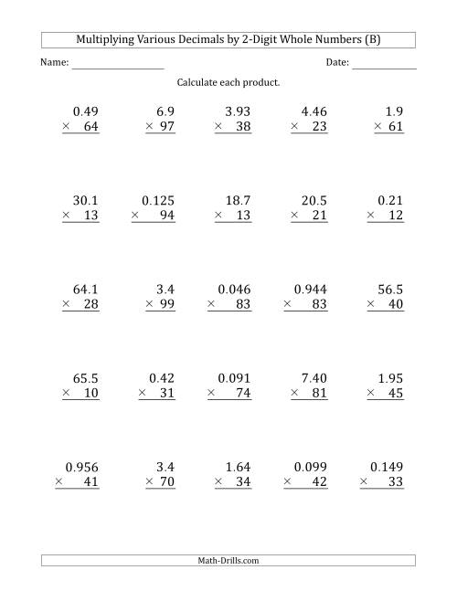 The Multiplying Various Decimals by 2-Digit Whole Numbers (B) Math Worksheet