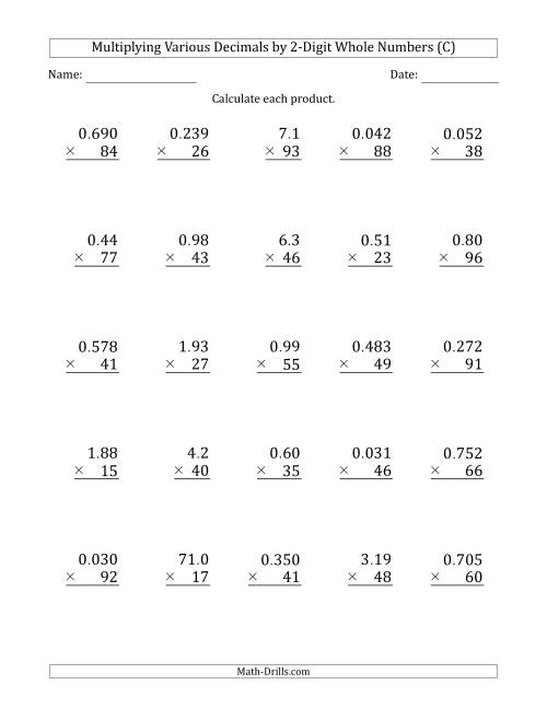The Multiplying Various Decimals by 2-Digit Whole Numbers (C) Math Worksheet