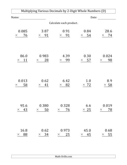 The Multiplying Various Decimals by 2-Digit Whole Numbers (D) Math Worksheet