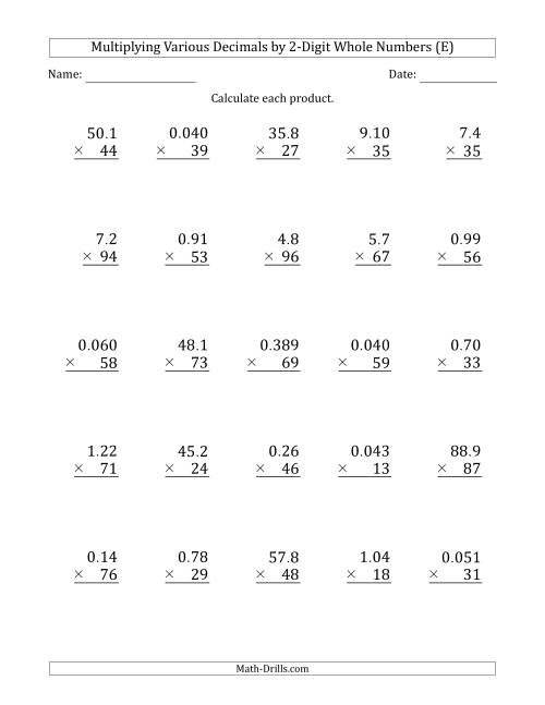 The Multiplying Various Decimals by 2-Digit Whole Numbers (E) Math Worksheet