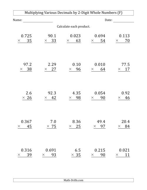The Multiplying Various Decimals by 2-Digit Whole Numbers (F) Math Worksheet