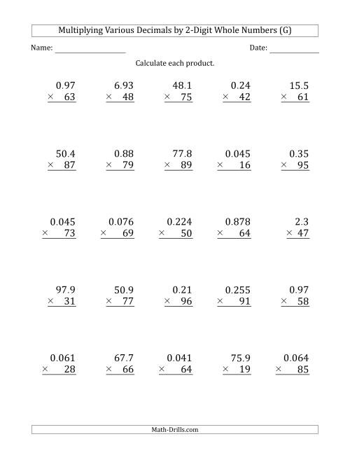 The Multiplying Various Decimals by 2-Digit Whole Numbers (G) Math Worksheet