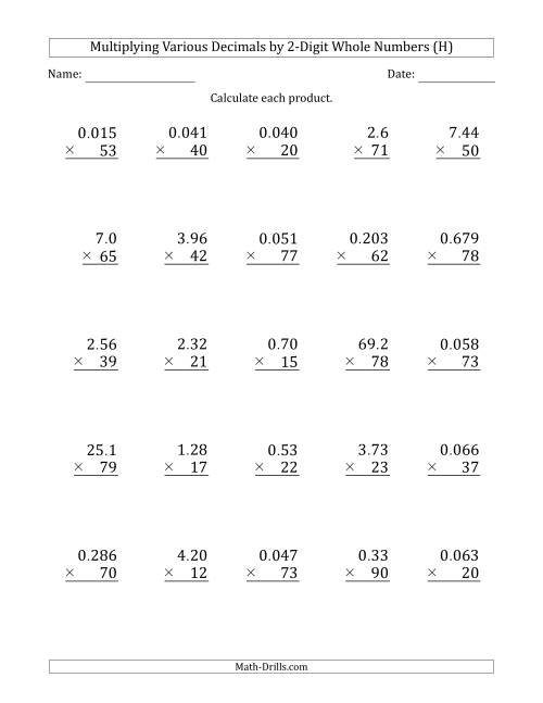The Multiplying Various Decimals by 2-Digit Whole Numbers (H) Math Worksheet