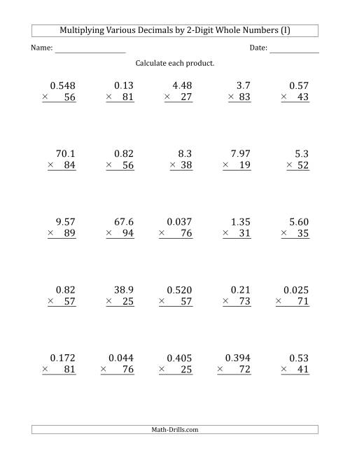 The Multiplying Various Decimals by 2-Digit Whole Numbers (I) Math Worksheet
