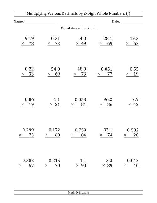 The Multiplying Various Decimals by 2-Digit Whole Numbers (J) Math Worksheet