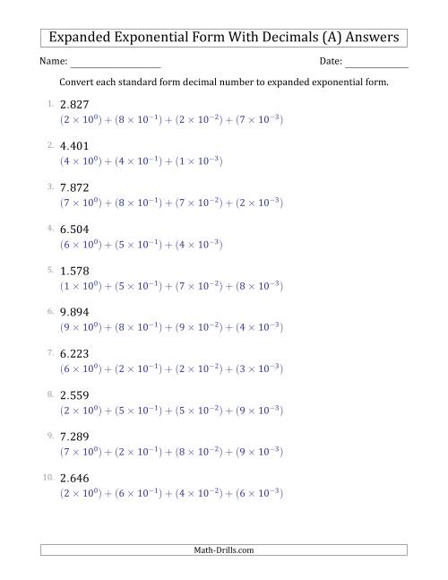 The Converting Standard Form Decimals to Expanded Exponential Form (1-Digit Before the Decimal; 3-Digits After the Decimal) (A) Math Worksheet Page 2