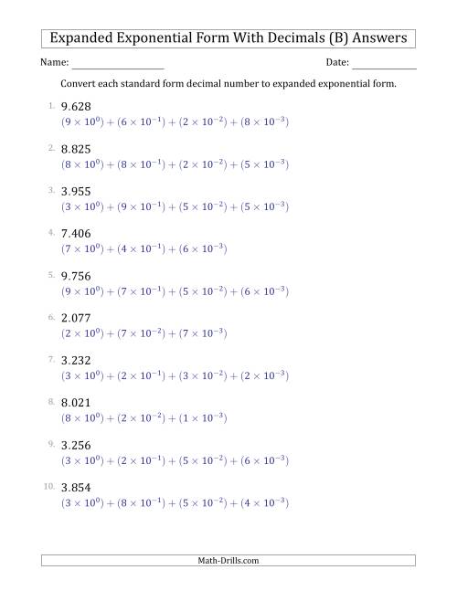 The Converting Standard Form Decimals to Expanded Exponential Form (1-Digit Before the Decimal; 3-Digits After the Decimal) (B) Math Worksheet Page 2