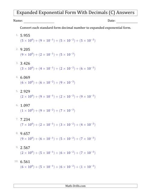 The Converting Standard Form Decimals to Expanded Exponential Form (1-Digit Before the Decimal; 3-Digits After the Decimal) (C) Math Worksheet Page 2