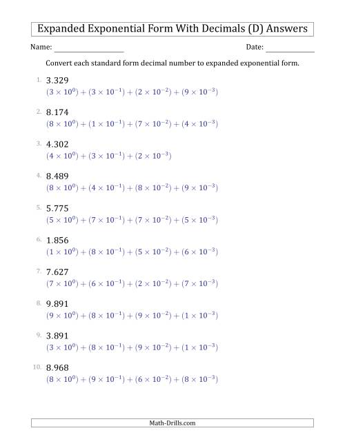 The Converting Standard Form Decimals to Expanded Exponential Form (1-Digit Before the Decimal; 3-Digits After the Decimal) (D) Math Worksheet Page 2