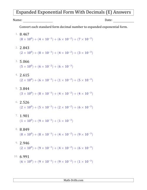 The Converting Standard Form Decimals to Expanded Exponential Form (1-Digit Before the Decimal; 3-Digits After the Decimal) (E) Math Worksheet Page 2