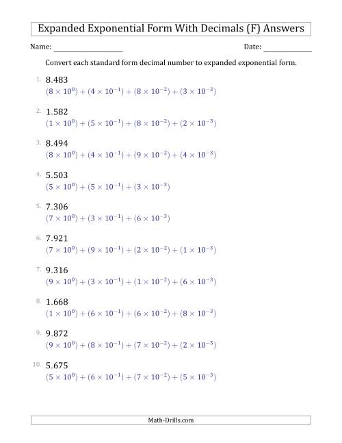 The Converting Standard Form Decimals to Expanded Exponential Form (1-Digit Before the Decimal; 3-Digits After the Decimal) (F) Math Worksheet Page 2