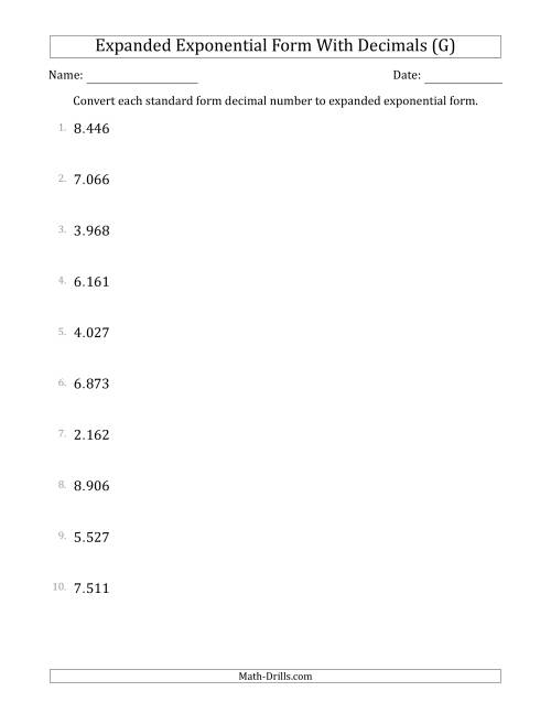 The Converting Standard Form Decimals to Expanded Exponential Form (1-Digit Before the Decimal; 3-Digits After the Decimal) (G) Math Worksheet