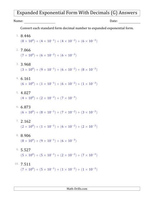 The Converting Standard Form Decimals to Expanded Exponential Form (1-Digit Before the Decimal; 3-Digits After the Decimal) (G) Math Worksheet Page 2