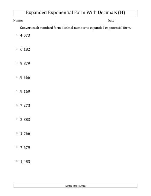 The Converting Standard Form Decimals to Expanded Exponential Form (1-Digit Before the Decimal; 3-Digits After the Decimal) (H) Math Worksheet