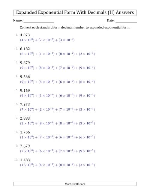 The Converting Standard Form Decimals to Expanded Exponential Form (1-Digit Before the Decimal; 3-Digits After the Decimal) (H) Math Worksheet Page 2