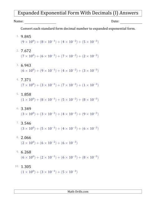 The Converting Standard Form Decimals to Expanded Exponential Form (1-Digit Before the Decimal; 3-Digits After the Decimal) (I) Math Worksheet Page 2