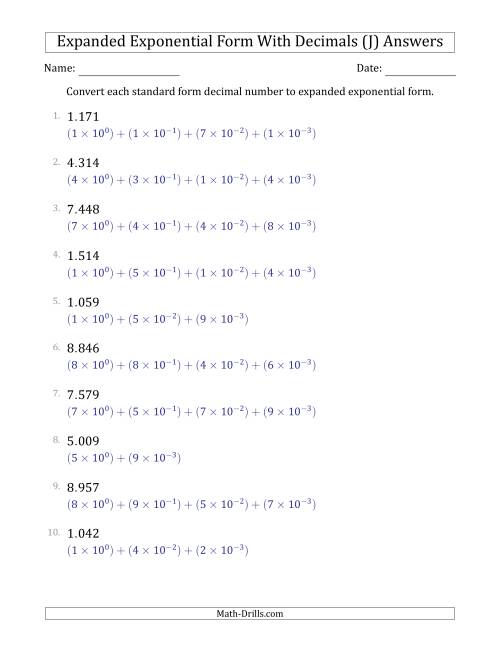 The Converting Standard Form Decimals to Expanded Exponential Form (1-Digit Before the Decimal; 3-Digits After the Decimal) (J) Math Worksheet Page 2