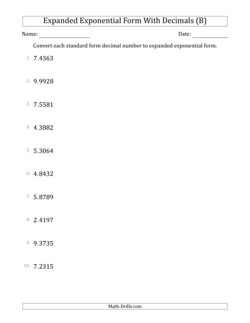 The Converting Standard Form Decimals to Expanded Exponential Form (1-Digit Before the Decimal; 4-Digits After the Decimal) (B) Math Worksheet