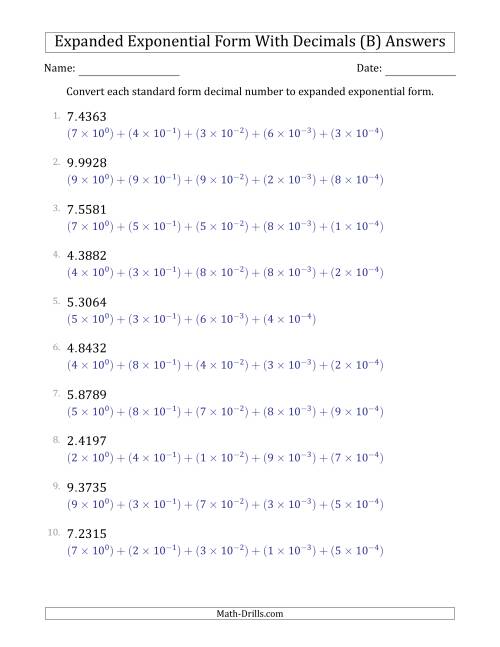 The Converting Standard Form Decimals to Expanded Exponential Form (1-Digit Before the Decimal; 4-Digits After the Decimal) (B) Math Worksheet Page 2