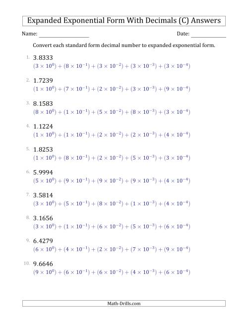 The Converting Standard Form Decimals to Expanded Exponential Form (1-Digit Before the Decimal; 4-Digits After the Decimal) (C) Math Worksheet Page 2