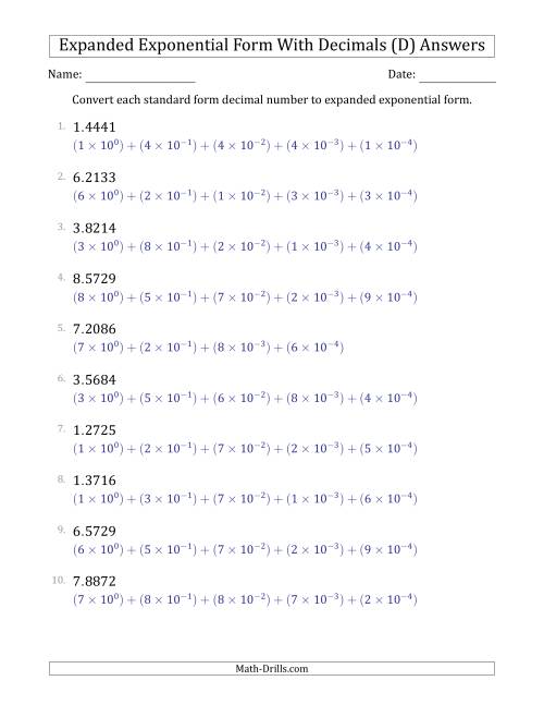 The Converting Standard Form Decimals to Expanded Exponential Form (1-Digit Before the Decimal; 4-Digits After the Decimal) (D) Math Worksheet Page 2