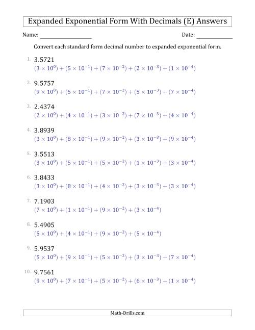 The Converting Standard Form Decimals to Expanded Exponential Form (1-Digit Before the Decimal; 4-Digits After the Decimal) (E) Math Worksheet Page 2