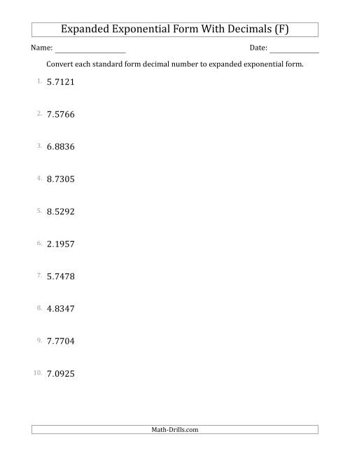 The Converting Standard Form Decimals to Expanded Exponential Form (1-Digit Before the Decimal; 4-Digits After the Decimal) (F) Math Worksheet