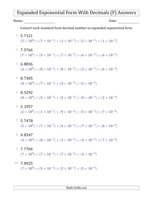 The Converting Standard Form Decimals to Expanded Exponential Form (1-Digit Before the Decimal; 4-Digits After the Decimal) (F) Math Worksheet Page 2