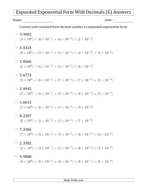 The Converting Standard Form Decimals to Expanded Exponential Form (1-Digit Before the Decimal; 4-Digits After the Decimal) (G) Math Worksheet Page 2