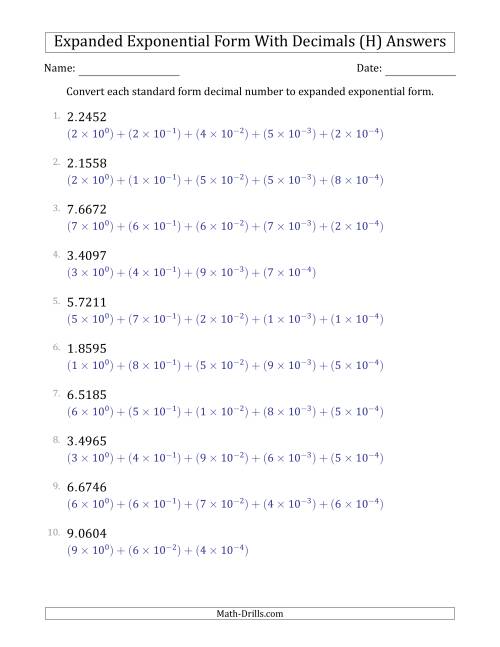 The Converting Standard Form Decimals to Expanded Exponential Form (1-Digit Before the Decimal; 4-Digits After the Decimal) (H) Math Worksheet Page 2