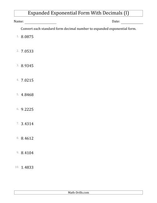 The Converting Standard Form Decimals to Expanded Exponential Form (1-Digit Before the Decimal; 4-Digits After the Decimal) (I) Math Worksheet