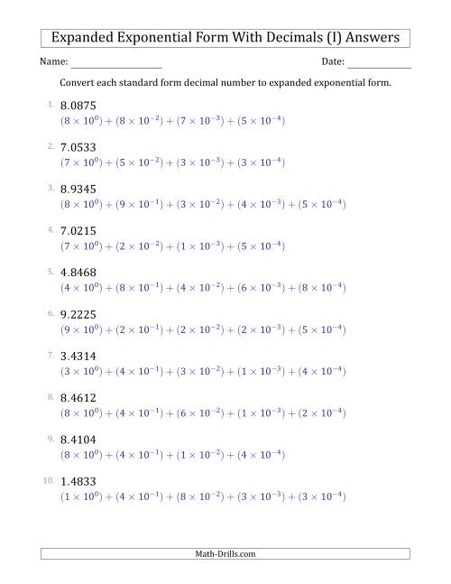 The Converting Standard Form Decimals to Expanded Exponential Form (1-Digit Before the Decimal; 4-Digits After the Decimal) (I) Math Worksheet Page 2