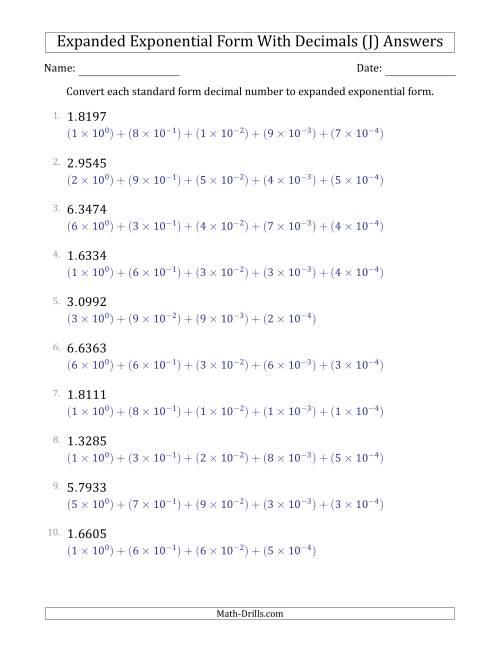 The Converting Standard Form Decimals to Expanded Exponential Form (1-Digit Before the Decimal; 4-Digits After the Decimal) (J) Math Worksheet Page 2