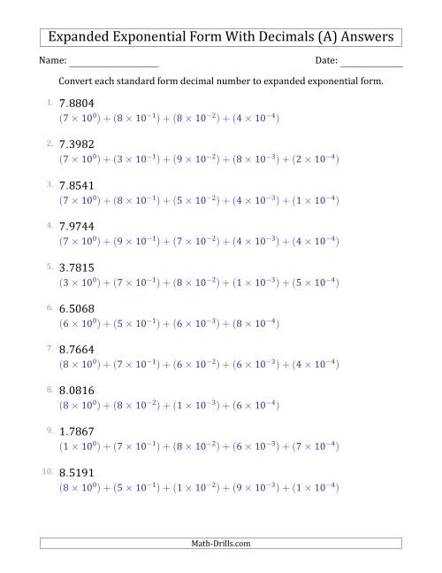 The Converting Standard Form Decimals to Expanded Exponential Form (1-Digit Before the Decimal; 4-Digits After the Decimal) (All) Math Worksheet Page 2