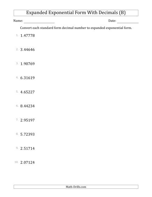 The Converting Standard Form Decimals to Expanded Exponential Form (1-Digit Before the Decimal; 5-Digits After the Decimal) (B) Math Worksheet