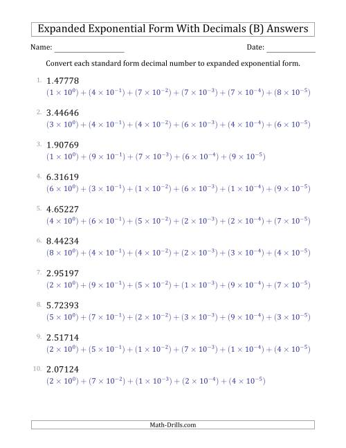 The Converting Standard Form Decimals to Expanded Exponential Form (1-Digit Before the Decimal; 5-Digits After the Decimal) (B) Math Worksheet Page 2