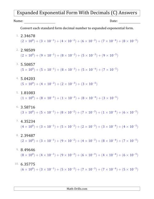 The Converting Standard Form Decimals to Expanded Exponential Form (1-Digit Before the Decimal; 5-Digits After the Decimal) (C) Math Worksheet Page 2