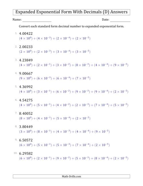 The Converting Standard Form Decimals to Expanded Exponential Form (1-Digit Before the Decimal; 5-Digits After the Decimal) (D) Math Worksheet Page 2