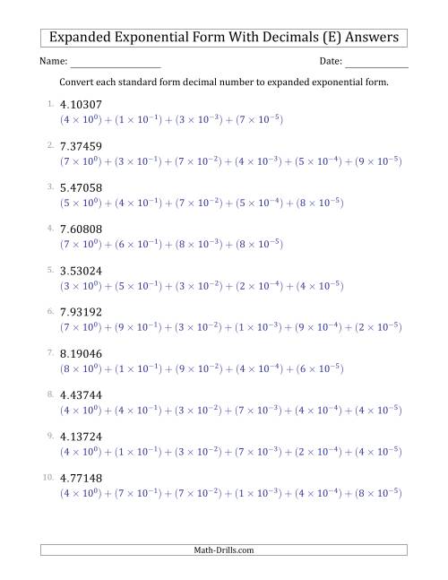 The Converting Standard Form Decimals to Expanded Exponential Form (1-Digit Before the Decimal; 5-Digits After the Decimal) (E) Math Worksheet Page 2