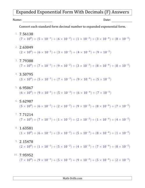 The Converting Standard Form Decimals to Expanded Exponential Form (1-Digit Before the Decimal; 5-Digits After the Decimal) (F) Math Worksheet Page 2