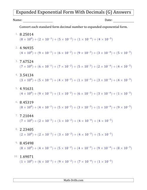 The Converting Standard Form Decimals to Expanded Exponential Form (1-Digit Before the Decimal; 5-Digits After the Decimal) (G) Math Worksheet Page 2