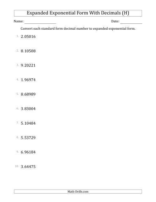 The Converting Standard Form Decimals to Expanded Exponential Form (1-Digit Before the Decimal; 5-Digits After the Decimal) (H) Math Worksheet