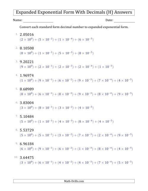 The Converting Standard Form Decimals to Expanded Exponential Form (1-Digit Before the Decimal; 5-Digits After the Decimal) (H) Math Worksheet Page 2